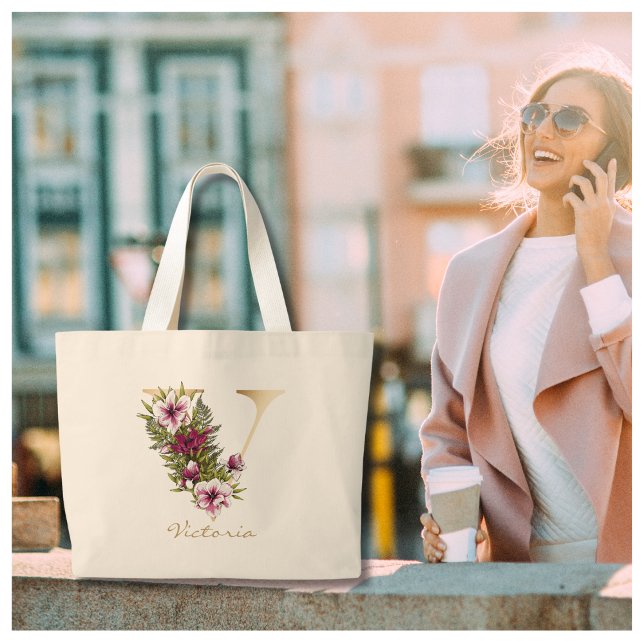 Bolsa Tote Grande V - Letra Dourada Monograma Marsala White Florals (Criador carregado)