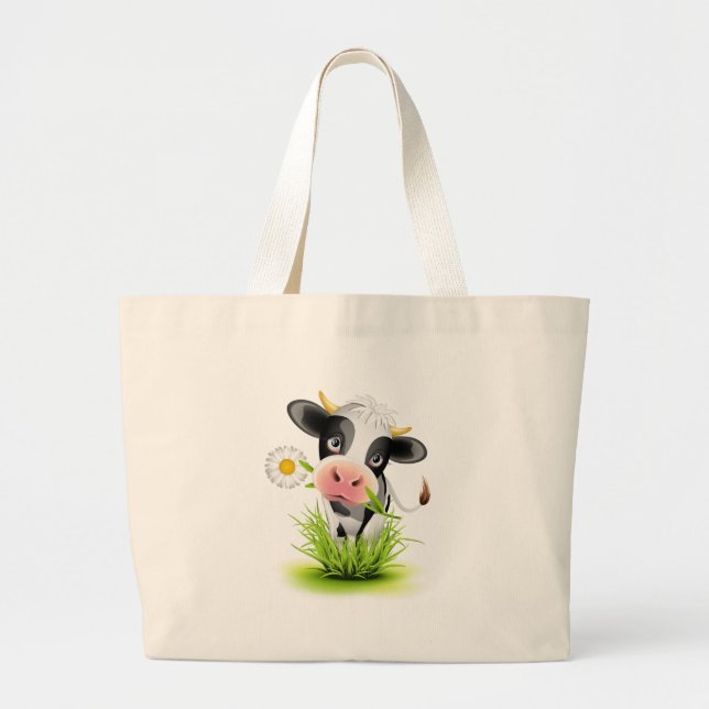 Bolsa Tote Grande Vaca de Holstein na relva (Frente)