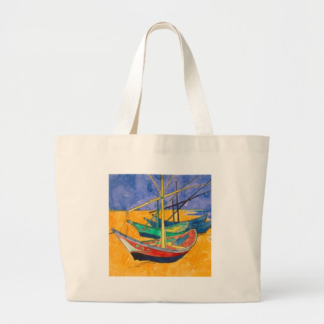 Bolsa Tote Grande Van Gogh Boats Impressionism Beach (Frente)