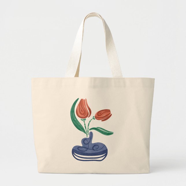 Bolsa Tote Grande Vase Moderno com Tulipas | Arte Floral Estática (Frente)