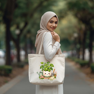 Bolsa Tote Grande Vaso de Planta Feliz e Fofo com Flores e Ferrament