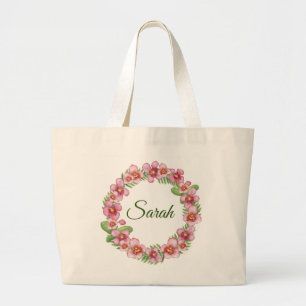 Bolsa Tote Grande Vermelhidão Floral rosa e verde personalizada