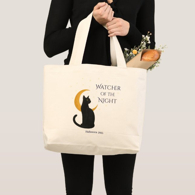 Bolsa Tote Grande Vigia da Noite - Gato Negro Halloween (Frente (produto))