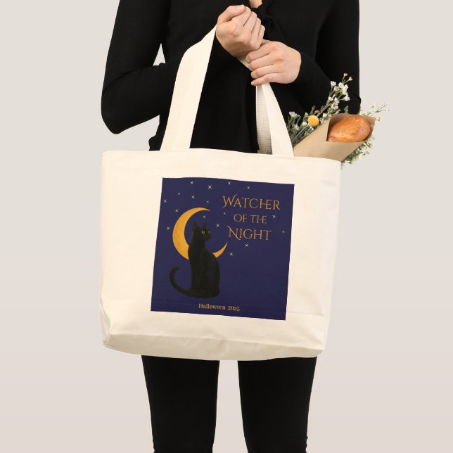 Bolsa Tote Grande Vigia da Noite - Gato Negro Halloween (Frente (produto))