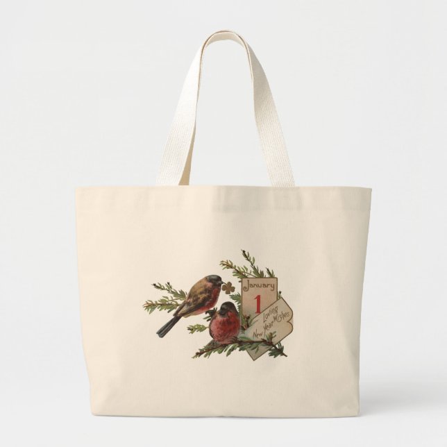 Bolsa Tote Grande Vintage Anos novos Aves (Frente)