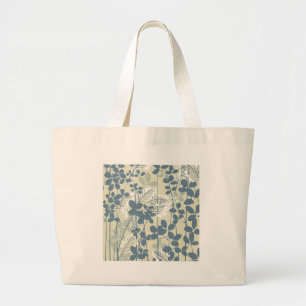 Bolsa Tote Grande Vintage Japonês Azul Botânico: Samambaia de Folha