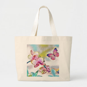 Bolsa Tote Grande Vintage Watercolor de Flores Vermelhas Rosa Orquíd