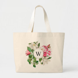 Bolsa Tote Grande Vintage White & Pink Magnolia Flowers Monograma