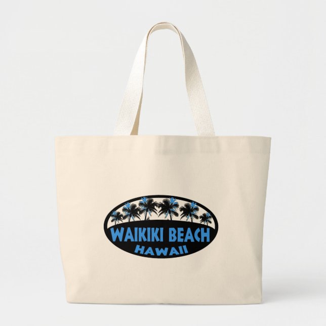 Bolsa Tote Grande Waikiki Beach Hawaii - palmeiras negras azuis - sa (Frente)
