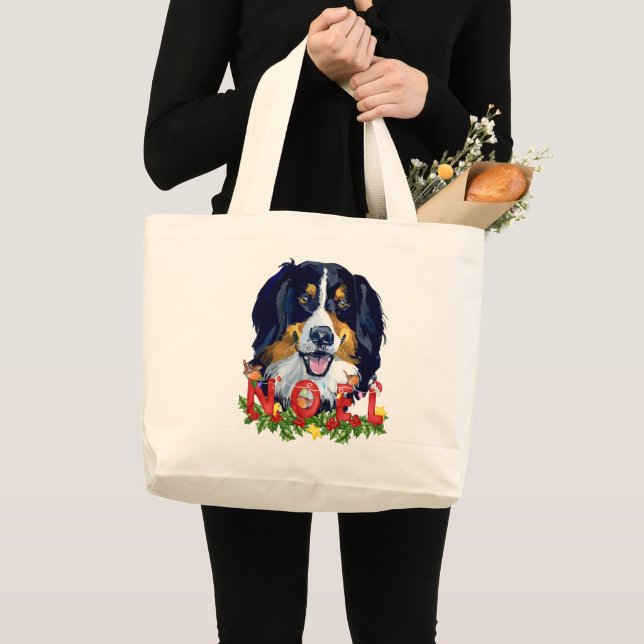 Bolsa Tote Grande Watercolor Bernese Mountain Dog Natal (Frente (produto))