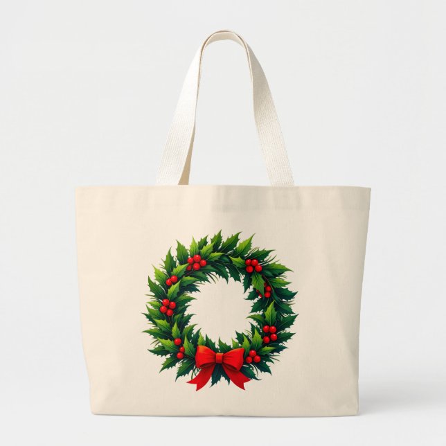 Bolsa Tote Grande Watercolor Christmas Wreath (Frente)