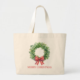 Bolsa Tote Grande Watercolor Green Wreath With Red Gingham Bow