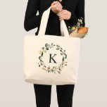 Bolsa Tote Grande Watercolor Greenery Wreath Monograma Bridesmaid<br><div class="desc">Saco de tote de cor de água,  botânica e verde,  para dama personalizada de damas de honra ou de madrinha de casamento.</div>