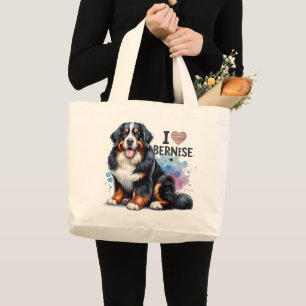 Bolsa Tote Grande Watercolor I Love My Bernese Mountain Dog