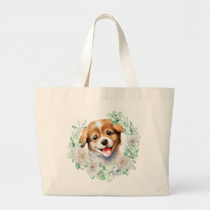 Bolsa Tote Grande Watercolor Puppy Love with White Roses