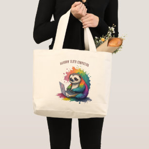 Bolsa Tote Grande Watercolor Rainbow Cute Sloth Computing