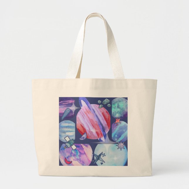 Bolsa Tote Grande Watercolor Space Planets (Frente)