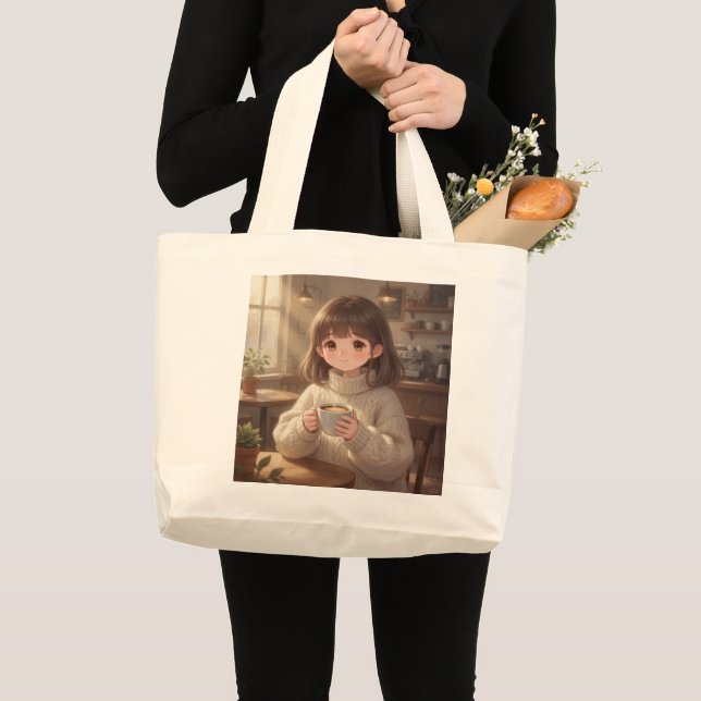 Bolsa Tote Grande Whimsical Girl with Coffee Tote Bag (Frente (produto))