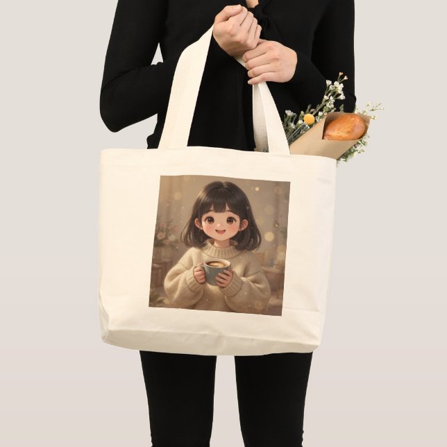 Bolsa Tote Grande Whimsical Girl with Coffee Tote Bag (Frente (produto))