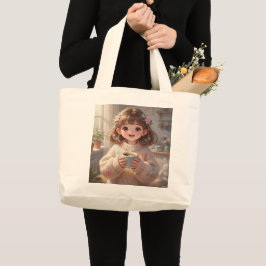 Bolsa Tote Grande Whimsical Girl with Coffee Tote Bag