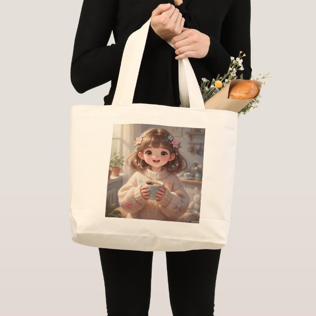Bolsa Tote Grande Whimsical Girl with Coffee Tote Bag (Frente (produto))