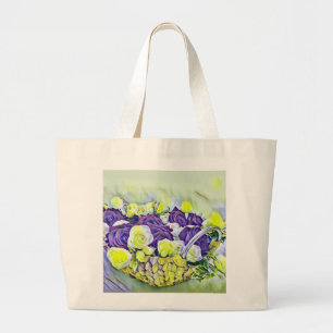 Bolsa Tote Grande White Purple Basket of Roses Watercolor Painting 