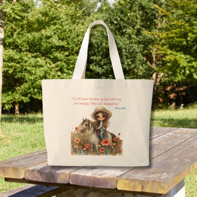 Bolsa Tote Grande Wildflower Country Girl on Horse (Criador carregado)