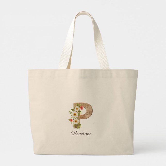 Bolsa Tote Grande Wood letter P flower monogram retirement Tote Bag (Verso)