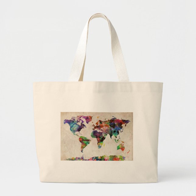 Bolsa Tote Grande World Map Urban Watercolor (Frente)