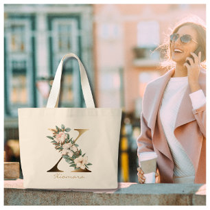 Bolsa Tote Grande X - Letra Dourada Monograma Branco - Cor Laranja -
