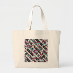 Bolsa Tote Grande Xadrez de Nozes de Natal Blue Burgundy