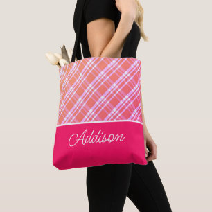 Bolsa Tote Grande Xadrez Rosa E Banho De Toques