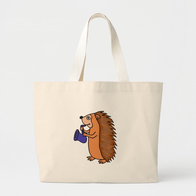 Bolsa Tote Grande XX- ouriço que joga desenhos animados do saxofone (Frente)