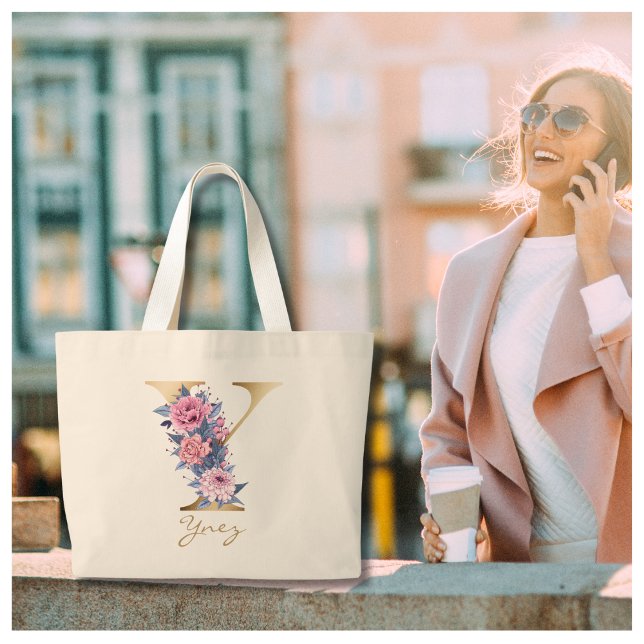 Bolsa Tote Grande Y - Letra Dourada Monograma Azul Rosa (Criador carregado)