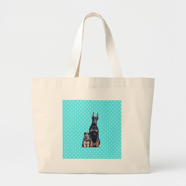 Bolsa Tote Grande Yorkshire Terrier Doberman Bolinhas azuis (Frente)
