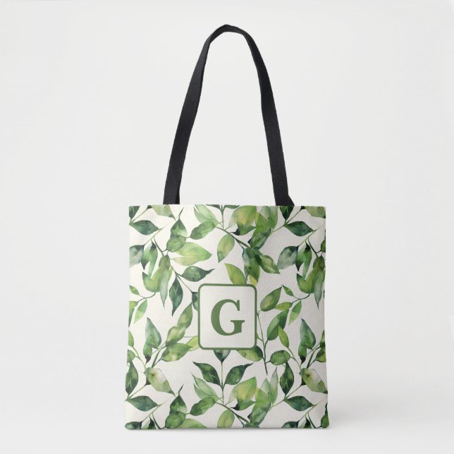 Bolsa Tote Granulado Aquarela Monograma de Folhas Botânicas (Frente)