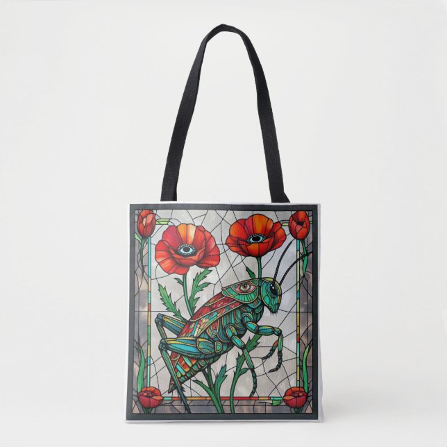 Bolsa Tote Grasshopper cricket stained glass poppy flower eye (Frente)