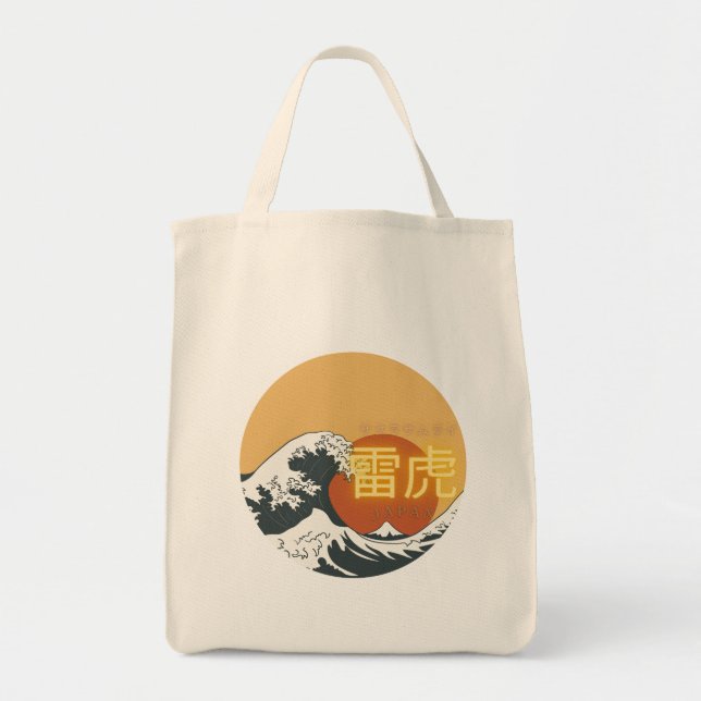 Bolsa Tote Great Wave & Neon Kanji – Retro Japanese Fuji Des (Frente)