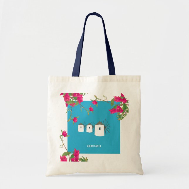 Bolsa Tote Grécia Bougainvillea, ilha grega Windmille Nome (Frente)