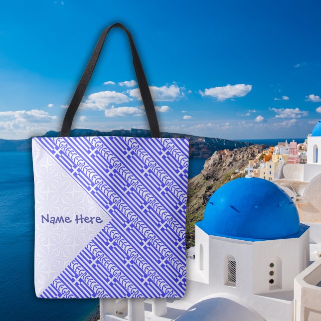Bolsa Tote Greece Greek Flag Tiled Blue Personalized  (Personalized tote bag with tiled design of the Greek flag with the word GREECE below. )