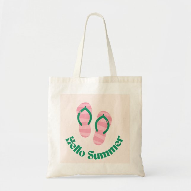 Bolsa Tote Green Hello Summer Pink Chinelos Slippers Beach (Frente)