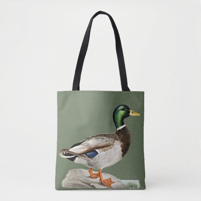 Bolsa Tote Green Mallard Duck Caçando Arte Natural (Frente)