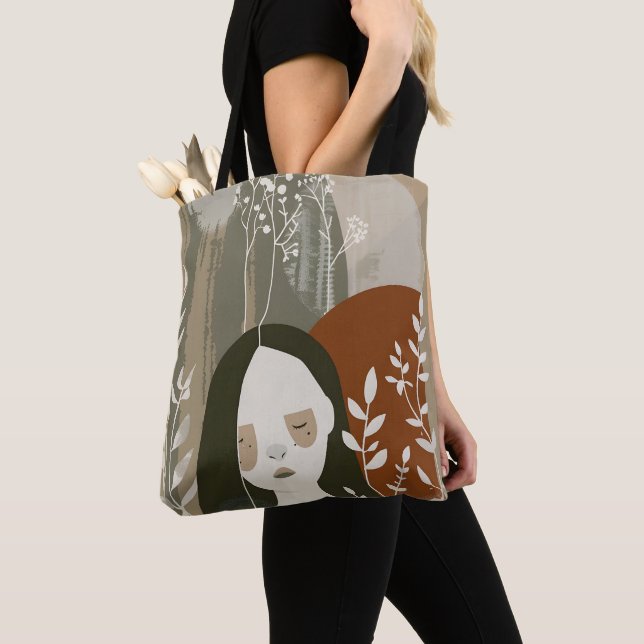 Bolsa Tote Green Rust Tan Empowering Woman Abstract  (Close Up)