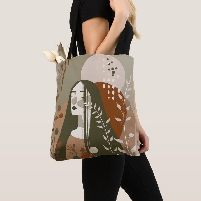 Bolsa Tote Green Rust Tan Empowering Woman Abstract  (Close Up)