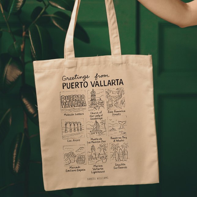 Bolsa Tote Greetings from Puerto Vallarta | Hand-Drawn Sketch (Criador carregado)