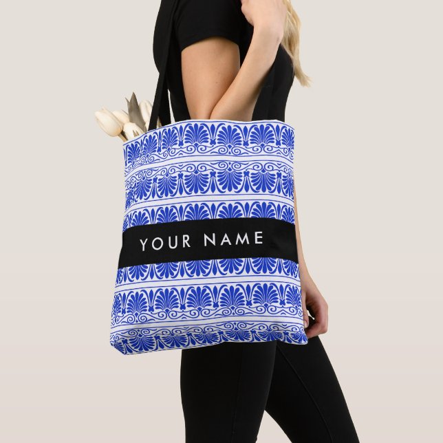 Bolsa Tote Grego Fret Arabesque Azul, Seu Nome, Personalize (Close Up)
