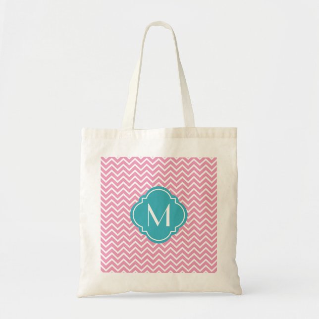 Bolsa Tote Grelha-Zigzag Chevron Rosa com Monograma (Frente)