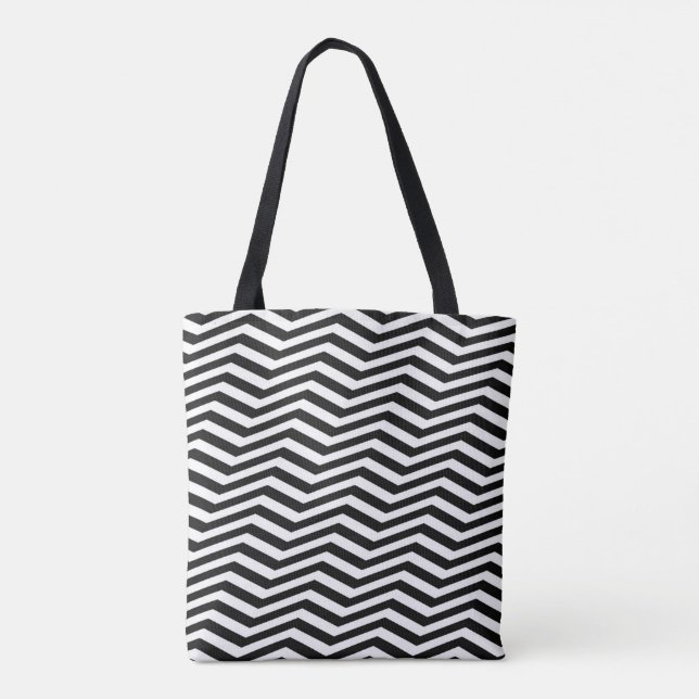Bolsa Tote Grelhas Chevron Negra Elegantes e Incomuns (Verso)