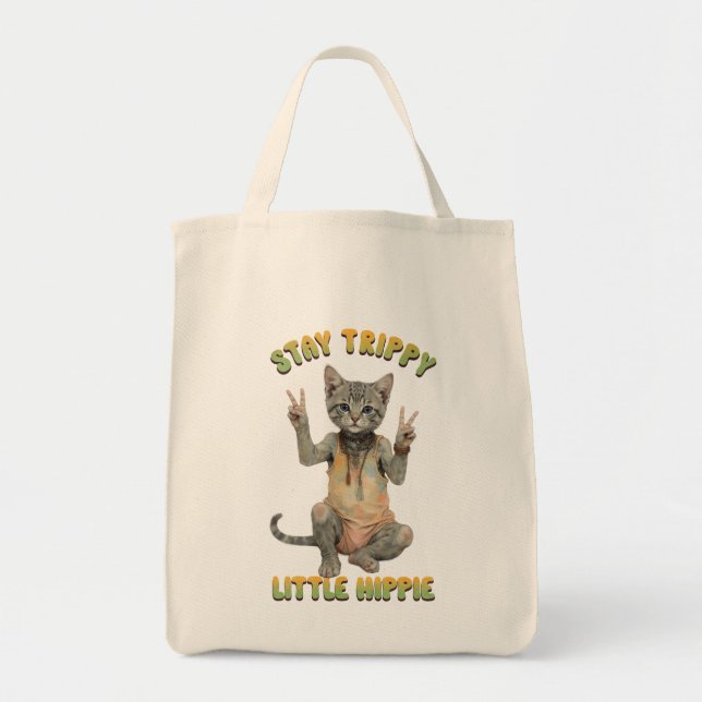 Bolsa Tote Grey Tabby Cat Boho Stay Trippy Little Hippie  (Frente)