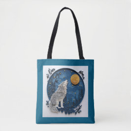 Bolsa Tote Grey Wolf Howing at the Moon Quilling Effect